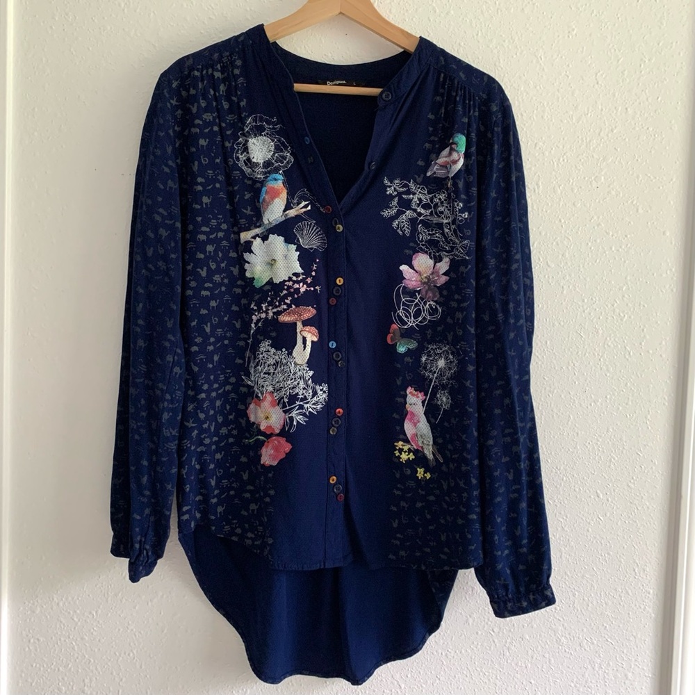 Desigual Artsy Floral Nature Button Down Shirt Tunic Size Large Quirky Mushrooms